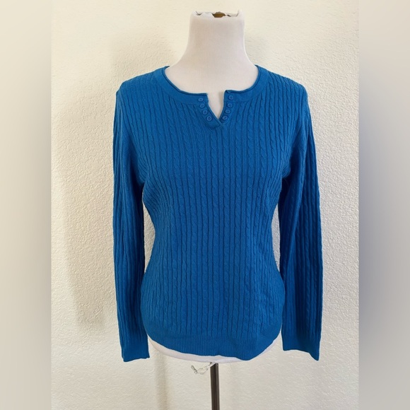 Laura Scott Blue Cable Knit V-Neck Sweater - Picture 1 of 8